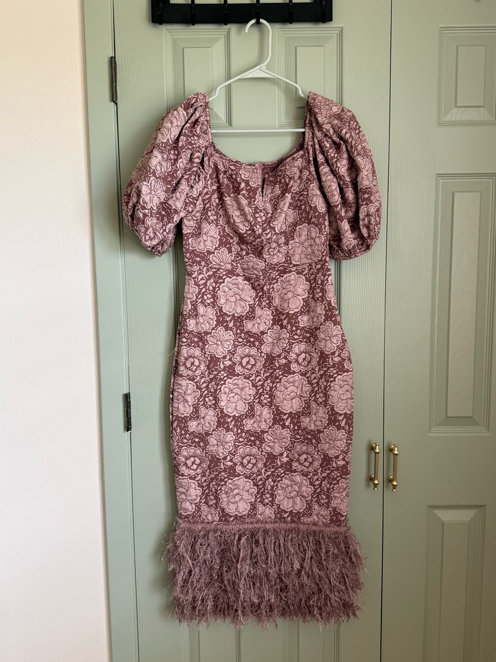 SHEIN Dusty Mauve Floral Puff-Sleeve Midi Dress with Feather Trim